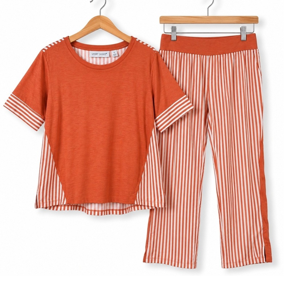 Sport Savvy Womens Large Petite Peach Stripe Elbow Top Ankle Pant Set A693747